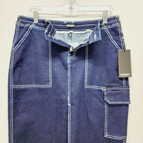 True Religion Rinse Dark Blue Denim Long Cargo Utility Skirt NWT Womens Size 29 - Picture 8 of 14